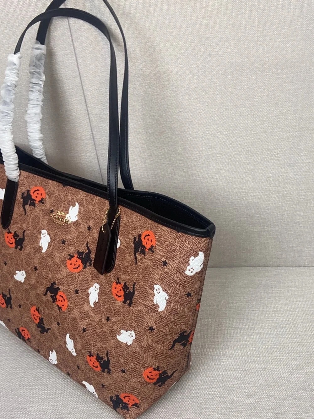 Coach Brown Halloween Print Tote with Black Handles - Picture 4 of 6